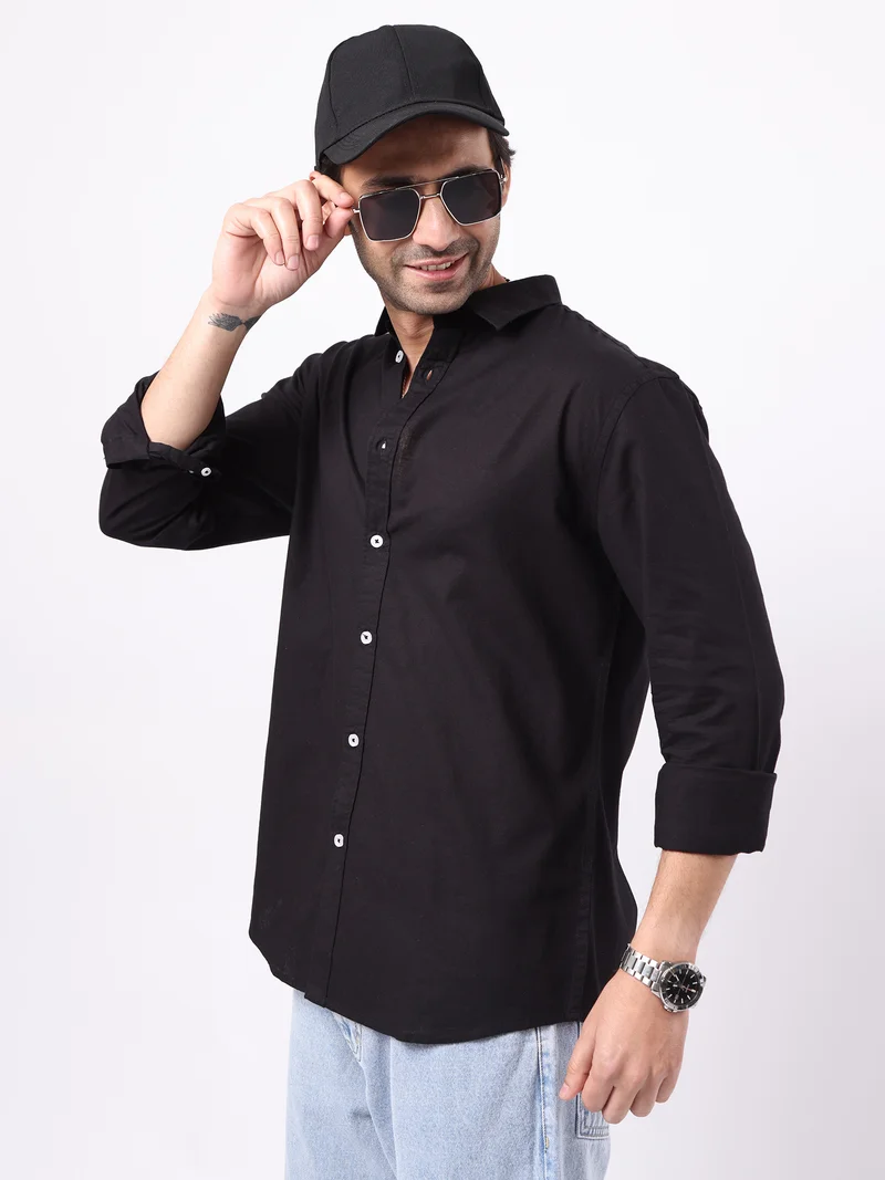 مانياك Maniac Solid Mens Collared Neck Full Sleeve Cotton Linen Black Shirt